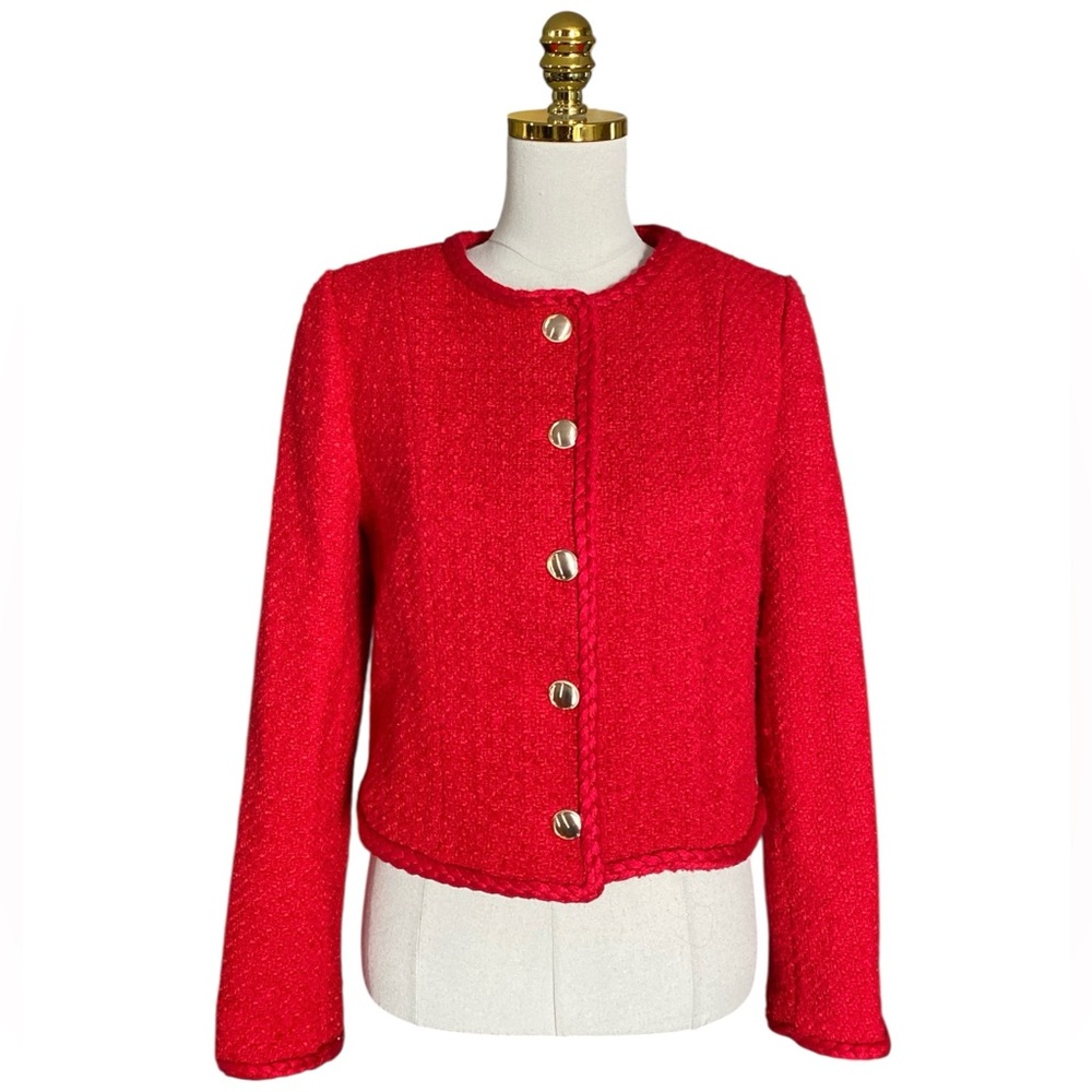 Aqua Red Cropped Tweed Button Front Blazer